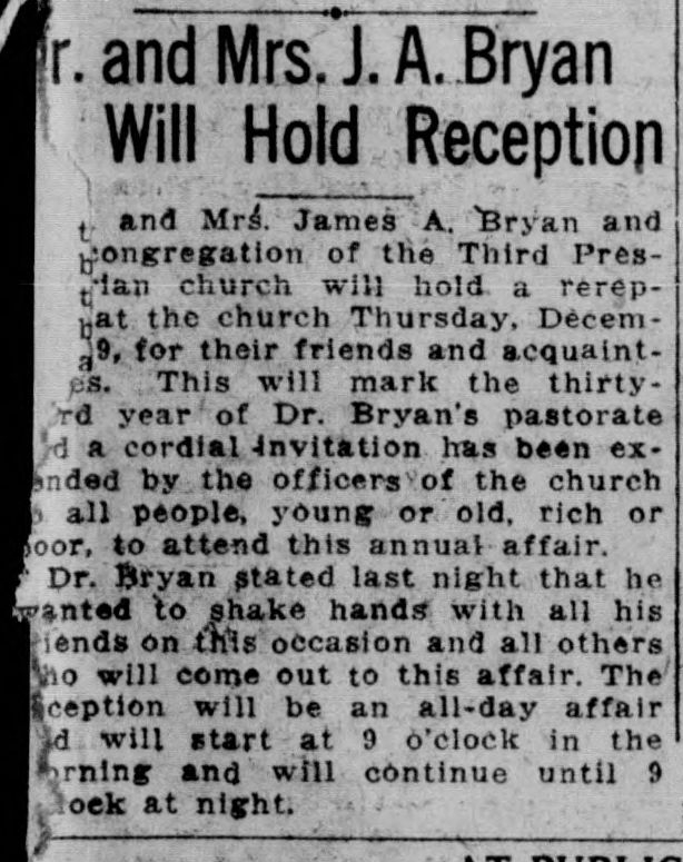 Dr. and Mrs. J.A. Bryan Will Hold Reception